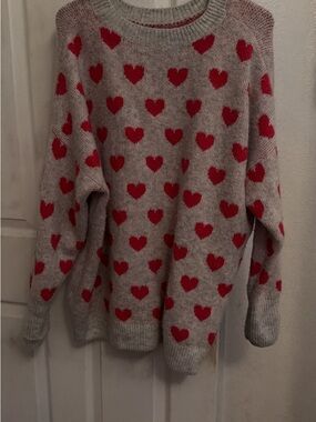 Cozy Gray Sweater with Red Heart Pattern - Women's Knit Pullover
